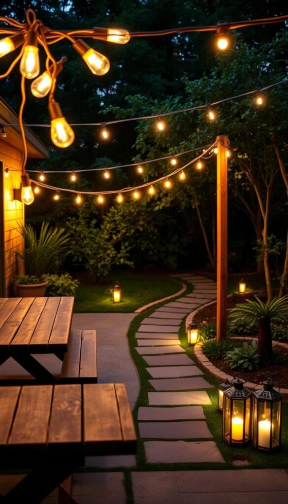 A cozy outdoor oasis with a mix of affordable lighting solutions, illuminating a well-designed patio or garden area. In the foreground, a cluster of warm-toned string lights cast a soft, inviting glow over a rustic wooden table and benches. In the middle ground, simple solar-powered path lights line a winding stone walkway, leading the eye towards a lush green backdrop of foliage. Strategically placed lanterns and DIY candle holders add subtle pockets of ambient light, creating a charming, budget-friendly atmosphere. The scene is shot from a low angle, capturing the interplay of light and shadow, and the overall sense of a welcoming, relaxed outdoor space. A cozy outdoor oasis with a mix of affordable lighting solutions, illuminating a well-designed patio or garden area. In the foreground, a cluster of warm-toned string lights cast a soft, inviting glow over a rustic wooden table and benches. In the middle ground, simple solar-powered path lights line a winding stone walkway, leading the eye towards a lush green backdrop of foliage. Strategically placed lanterns and DIY candle holders add subtle pockets of ambient light, creating a charming, budget-friendly atmosphere. The scene is shot from a low angle, capturing the interplay of light and shadow, and the overall sense of a welcoming, relaxed outdoor space.