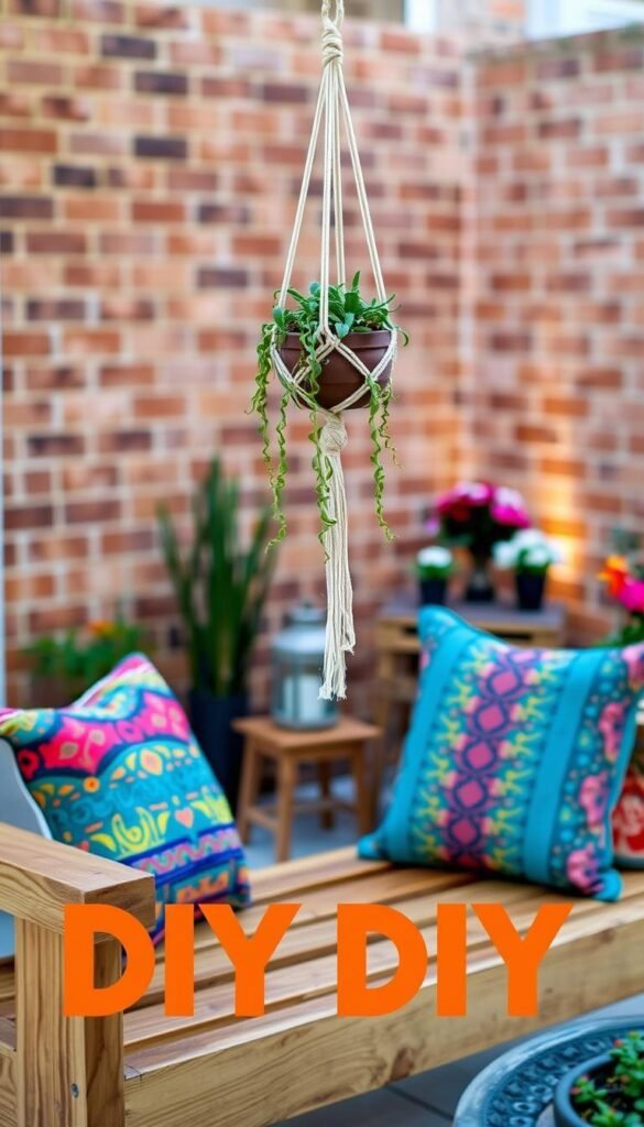 A cozy outdoor patio scene with rustic yet stylish DIY decor elements. In the foreground, a handcrafted wooden bench adorned with vibrant throw pillows. Hanging overhead, a simple yet eye-catching macrame plant holder suspends a trailing succulent. In the middle ground, a small side table made from repurposed pallets holds a lantern and a few potted flowers. In the background, a subtle brick wall creates a warm, inviting ambiance, illuminated by soft, natural lighting. The overall composition conveys a sense of relaxed, budget-friendly charm perfect for a backyard retreat. A cozy outdoor patio scene with rustic yet stylish DIY decor elements. In the foreground, a handcrafted wooden bench adorned with vibrant throw pillows. Hanging overhead, a simple yet eye-catching macrame plant holder suspends a trailing succulent. In the middle ground, a small side table made from repurposed pallets holds a lantern and a few potted flowers. In the background, a subtle brick wall creates a warm, inviting ambiance, illuminated by soft, natural lighting. The overall composition conveys a sense of relaxed, budget-friendly charm perfect for a backyard retreat.