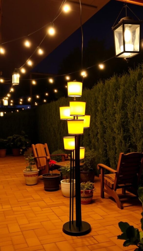 A cozy patio illuminated by a mix of warm string lights, recessed spotlights, and lanterns, casting a soft, inviting glow across the paver-lined surface. In the foreground, a cluster of outdoor floor lamps stands tall, their diffused light creating a welcoming ambiance. Potted plants and rustic wooden furniture fill the mid-ground, while the background reveals a neatly trimmed hedge and a glimpse of a starry night sky. The overall scene evokes a charming, intimate atmosphere, perfect for outdoor gatherings and relaxation. A cozy patio illuminated by a mix of warm string lights, recessed spotlights, and lanterns, casting a soft, inviting glow across the paver-lined surface. In the foreground, a cluster of outdoor floor lamps stands tall, their diffused light creating a welcoming ambiance. Potted plants and rustic wooden furniture fill the mid-ground, while the background reveals a neatly trimmed hedge and a glimpse of a starry night sky. The overall scene evokes a charming, intimate atmosphere, perfect for outdoor gatherings and relaxation.