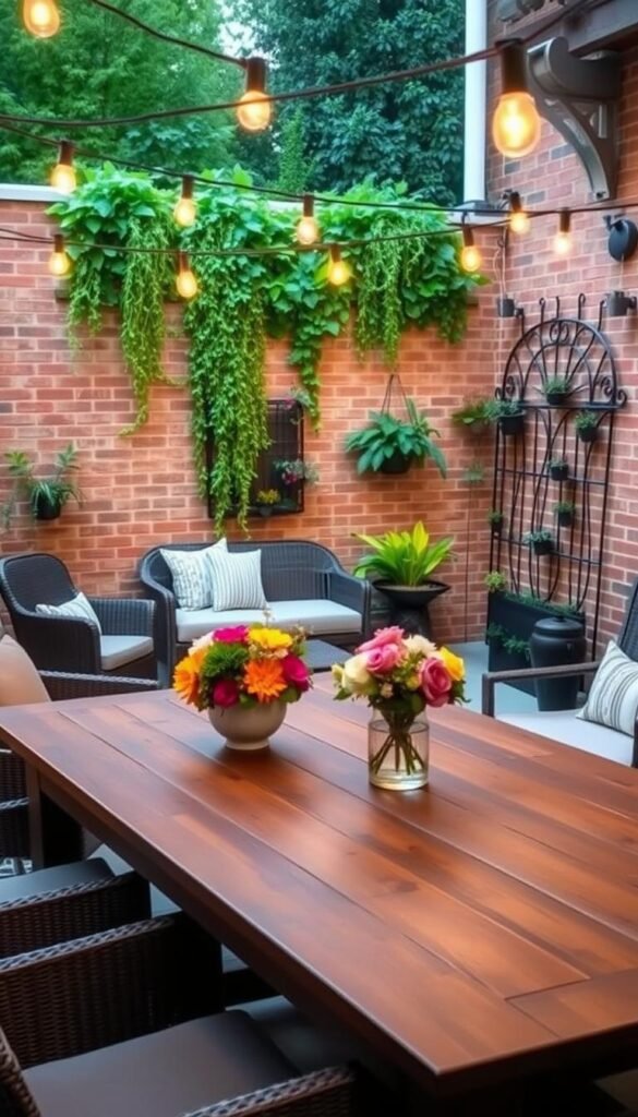 A cozy patio with a blend of rustic and modern elements. In the foreground, an elegant wooden table with a vibrant floral centerpiece. Surrounding it, a mix of plush outdoor furniture - a wicker loveseat, a comfy armchair, and a sleek bench. Lighting is provided by string lights draped overhead, casting a warm, inviting glow. In the middle ground, a vertical garden with cascading greenery adds a touch of nature. The background showcases a brick wall adorned with hanging plants and a decorative metal trellis, creating a charming, budget-friendly backdrop. The overall atmosphere is one of relaxation and effortless style. A cozy patio with a blend of rustic and modern elements. In the foreground, an elegant wooden table with a vibrant floral centerpiece. Surrounding it, a mix of plush outdoor furniture - a wicker loveseat, a comfy armchair, and a sleek bench. Lighting is provided by string lights draped overhead, casting a warm, inviting glow. In the middle ground, a vertical garden with cascading greenery adds a touch of nature. The background showcases a brick wall adorned with hanging plants and a decorative metal trellis, creating a charming, budget-friendly backdrop. The overall atmosphere is one of relaxation and effortless style.