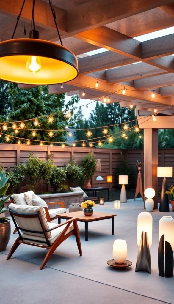 A cozy patio with a gathering of unique, trendy lighting accessories. In the foreground, a large, dimmable pendant light with a sleek metallic frame casts a warm, ambient glow over a set of mid-century modern patio chairs and a chic coffee table. In the middle ground, a row of string lights with Edison-style bulbs adorns the overhead pergola, creating a festive, twinkling atmosphere. In the background, a collection of sculptural outdoor floor lamps and lanterns dot the patio, their soft illumination reflecting off the smooth concrete surface. The overall mood is one of inviting sophistication, perfect for a relaxing evening under the stars. A cozy patio with a gathering of unique, trendy lighting accessories. In the foreground, a large, dimmable pendant light with a sleek metallic frame casts a warm, ambient glow over a set of mid-century modern patio chairs and a chic coffee table. In the middle ground, a row of string lights with Edison-style bulbs adorns the overhead pergola, creating a festive, twinkling atmosphere. In the background, a collection of sculptural outdoor floor lamps and lanterns dot the patio, their soft illumination reflecting off the smooth concrete surface. The overall mood is one of inviting sophistication, perfect for a relaxing evening under the stars.