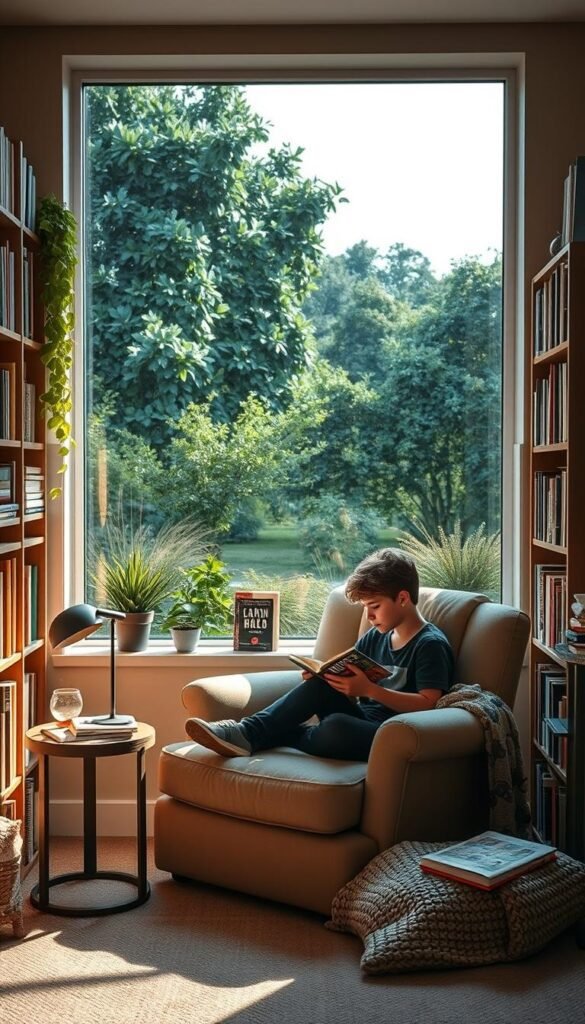 A cozy reading nook for a teenage boy, bathed in warm, soft lighting from a large window overlooking a lush, verdant garden. Plush, oversized armchair in a neutral tone invites the viewer to sink in and get lost in a book. Surrounding shelves are filled with a diverse collection of novels, comics, and magazines, reflecting the boy's eclectic interests. Subtle, minimalist decor elements like a small side table and a cozy knit blanket create a sense of calm and comfort. The overall atmosphere is one of quiet contemplation and intellectual stimulation, perfectly suited for a teenage mind eager to explore new worlds through the written word. A cozy reading nook for a teenage boy, bathed in warm, soft lighting from a large window overlooking a lush, verdant garden. Plush, oversized armchair in a neutral tone invites the viewer to sink in and get lost in a book. Surrounding shelves are filled with a diverse collection of novels, comics, and magazines, reflecting the boy's eclectic interests. Subtle, minimalist decor elements like a small side table and a cozy knit blanket create a sense of calm and comfort. The overall atmosphere is one of quiet contemplation and intellectual stimulation, perfectly suited for a teenage mind eager to explore new worlds through the written word.