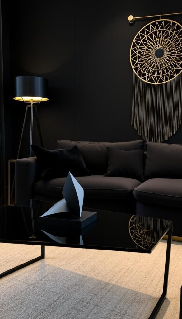A cozy, stylish black living room with modern, minimalist accessories. In the foreground, a sleek black coffee table with a geometric glass top and slender brushed metal legs. Atop it, a black and white abstract sculpture, its sharp angles casting dramatic shadows. In the middle ground, a deep charcoal gray sectional sofa, its clean lines complemented by two black velvet throw pillows. Behind it, a tall, slim black floor lamp with a cylindrical glass shade, its warm glow illuminating the space. In the background, a black accent wall with a large geometric brass wall hanging, its intricate pattern reflecting the room's contemporary aesthetic. The space is bathed in soft, moody lighting, creating an intimate, inviting atmosphere. A cozy, stylish black living room with modern, minimalist accessories. In the foreground, a sleek black coffee table with a geometric glass top and slender brushed metal legs. Atop it, a black and white abstract sculpture, its sharp angles casting dramatic shadows. In the middle ground, a deep charcoal gray sectional sofa, its clean lines complemented by two black velvet throw pillows. Behind it, a tall, slim black floor lamp with a cylindrical glass shade, its warm glow illuminating the space. In the background, a black accent wall with a large geometric brass wall hanging, its intricate pattern reflecting the room's contemporary aesthetic. The space is bathed in soft, moody lighting, creating an intimate, inviting atmosphere.