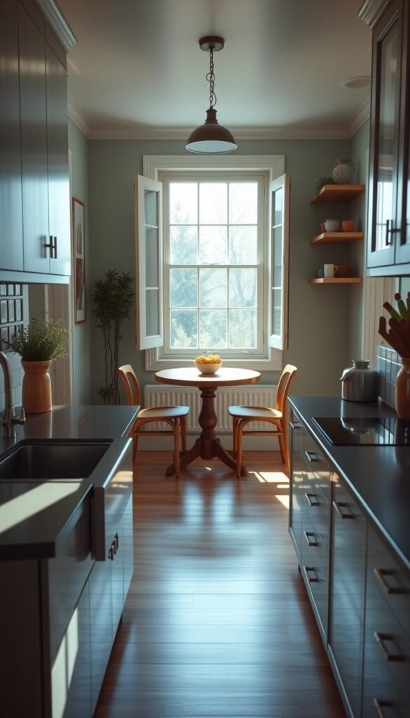 A cozy, sun-drenched sage green kitchen with warm wooden accents. The foreground showcases a small galley-style layout, featuring sleek cabinetry, a farmhouse-inspired sink, and a vintage-inspired faucet. The middle ground holds a compact dining nook with a round wooden table and simple wooden chairs. The background reveals a large window letting in ample natural light, casting a soft glow over the space. The overall mood is one of effortless elegance and tranquility, creating an inviting atmosphere perfect for a small kitchen. Photorealistic, high-resolution, cinematic lighting, high-quality. A cozy, sun-drenched sage green kitchen with warm wooden accents. The foreground showcases a small galley-style layout, featuring sleek cabinetry, a farmhouse-inspired sink, and a vintage-inspired faucet. The middle ground holds a compact dining nook with a round wooden table and simple wooden chairs. The background reveals a large window letting in ample natural light, casting a soft glow over the space. The overall mood is one of effortless elegance and tranquility, creating an inviting atmosphere perfect for a small kitchen. Photorealistic, high-resolution, cinematic lighting, high-quality.