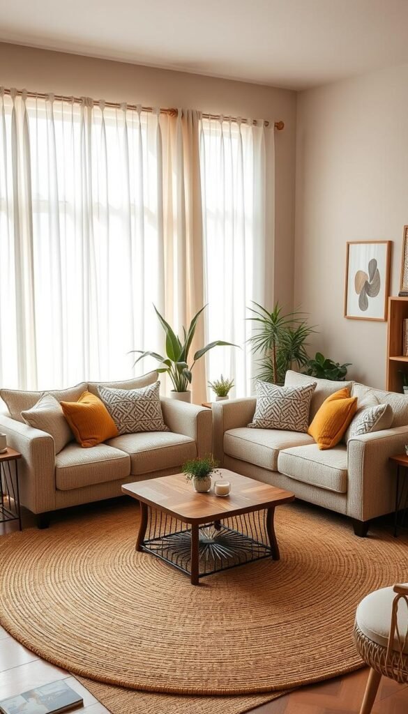 A cozy twin couch arrangement in a warm, inviting living room. The room is bathed in soft, natural lighting filtering through sheer curtains. The two sofas are positioned facing each other, with a low, wooden coffee table between them. The couches feature plush, textured fabrics in complementary shades of beige and mustard yellow, creating a harmonious color palette. Decorative pillows in various patterns and textures add visual interest. A large, woven area rug grounds the space, while wooden accents, such as a side table and a bookshelf, bring a rustic, earthy tone. Potted plants and a few abstract wall art pieces complete the relaxed, yet sophisticated atmosphere. A cozy twin couch arrangement in a warm, inviting living room. The room is bathed in soft, natural lighting filtering through sheer curtains. The two sofas are positioned facing each other, with a low, wooden coffee table between them. The couches feature plush, textured fabrics in complementary shades of beige and mustard yellow, creating a harmonious color palette. Decorative pillows in various patterns and textures add visual interest. A large, woven area rug grounds the space, while wooden accents, such as a side table and a bookshelf, bring a rustic, earthy tone. Potted plants and a few abstract wall art pieces complete the relaxed, yet sophisticated atmosphere.