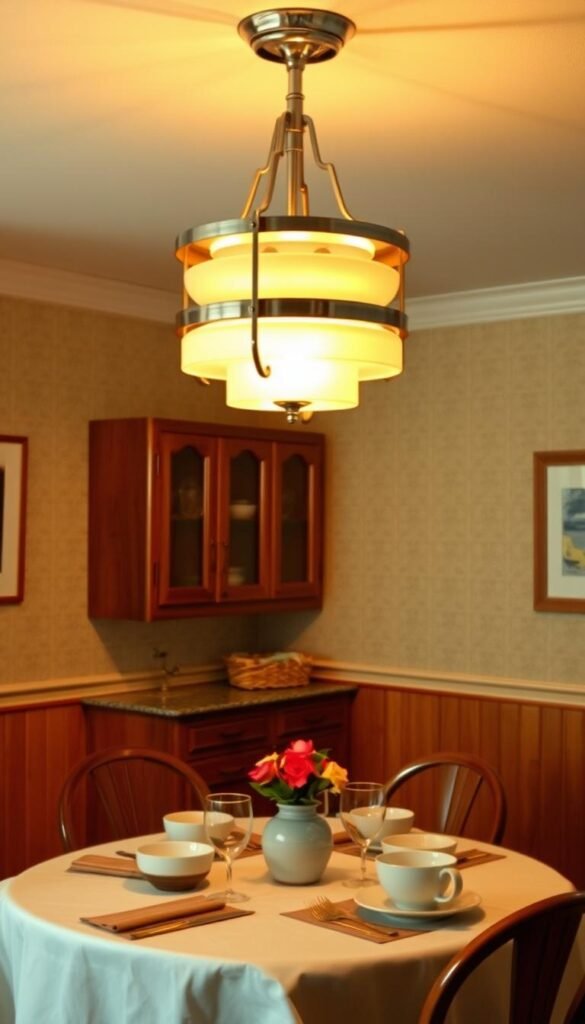 A cozy, warmly-lit 1950s dining room with a striking mid-century modern lighting fixture overhead. The fixture features an elegant, tiered design with a mix of chrome and tinted glass shades that cast a soft, ambient glow across the room. The table is set with vintage-inspired tableware, creating an inviting atmosphere perfect for leisurely meals and conversations. The walls are adorned with subtle, retro-patterned wallpaper, complementing the era's aesthetic. Soft, diffused lighting from the fixture illuminates the space, highlighting the rich, wood-paneled furniture and adding a touch of nostalgic charm to the scene. A cozy, warmly-lit 1950s dining room with a striking mid-century modern lighting fixture overhead. The fixture features an elegant, tiered design with a mix of chrome and tinted glass shades that cast a soft, ambient glow across the room. The table is set with vintage-inspired tableware, creating an inviting atmosphere perfect for leisurely meals and conversations. The walls are adorned with subtle, retro-patterned wallpaper, complementing the era's aesthetic. Soft, diffused lighting from the fixture illuminates the space, highlighting the rich, wood-paneled furniture and adding a touch of nostalgic charm to the scene.