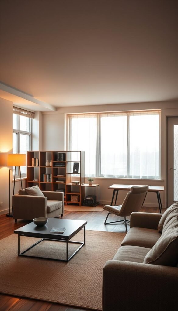 A cozy, well-designed living room with a multifunctional layout. In the foreground, a comfortable sofa and an armchair face a modern coffee table, creating an inviting seating area. A compact, minimalist desk sits adjacent, seamlessly blending work and leisure. Warm, ambient lighting from a floor lamp illuminates the scene, casting a soft glow. The middle ground features a sleek, flexible bookshelf unit that doubles as a room divider, separating the living and working zones. In the background, large windows flood the space with natural light, giving the illusion of a more spacious room. Muted, earthy tones and natural textures, such as wood and linen, create a harmonious, soothing atmosphere. A cozy, well-designed living room with a multifunctional layout. In the foreground, a comfortable sofa and an armchair face a modern coffee table, creating an inviting seating area. A compact, minimalist desk sits adjacent, seamlessly blending work and leisure. Warm, ambient lighting from a floor lamp illuminates the scene, casting a soft glow. The middle ground features a sleek, flexible bookshelf unit that doubles as a room divider, separating the living and working zones. In the background, large windows flood the space with natural light, giving the illusion of a more spacious room. Muted, earthy tones and natural textures, such as wood and linen, create a harmonious, soothing atmosphere.