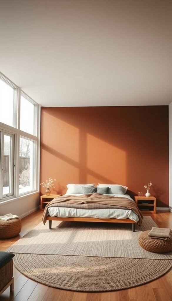 A cozy, well-lit bedroom with a striking accent wall in a deep, earthy tone. The wall is the focal point, creating a warm and inviting ambiance. Soft, muted lighting filters through large windows, casting a gentle glow on the room. A minimalist bed frame with plush bedding takes center stage, framed by the accent wall. Subtle textures, such as a woven area rug and natural wood accents, complement the overall design. The room exudes a sense of tranquility and effortless sophistication, perfect for a restful retreat without a traditional headboard. A cozy, well-lit bedroom with a striking accent wall in a deep, earthy tone. The wall is the focal point, creating a warm and inviting ambiance. Soft, muted lighting filters through large windows, casting a gentle glow on the room. A minimalist bed frame with plush bedding takes center stage, framed by the accent wall. Subtle textures, such as a woven area rug and natural wood accents, complement the overall design. The room exudes a sense of tranquility and effortless sophistication, perfect for a restful retreat without a traditional headboard.