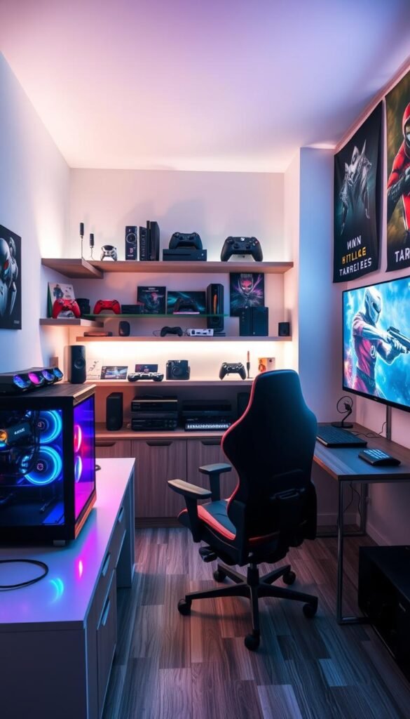 A cozy, well-lit gaming zone for teenage boys, with a sleek, modern setup. In the foreground, a high-end gaming PC with RGB lighting sits on a stylish, minimalist desk. A comfortable gaming chair with adjustable features invites the user to sink in and immerse themselves. The middle ground features shelves displaying a carefully curated collection of gaming consoles, controllers, and memorabilia, hinting at the owner's passion. In the background, a large, curved gaming monitor dominates the space, casting a soft, ambient glow. The walls are adorned with vibrant, eye-catching posters of the user's favorite games and esports teams, adding a touch of personality to the space. The overall atmosphere is one of focus, excitement, and a sense of belonging to a dedicated gaming community. A cozy, well-lit gaming zone for teenage boys, with a sleek, modern setup. In the foreground, a high-end gaming PC with RGB lighting sits on a stylish, minimalist desk. A comfortable gaming chair with adjustable features invites the user to sink in and immerse themselves. The middle ground features shelves displaying a carefully curated collection of gaming consoles, controllers, and memorabilia, hinting at the owner's passion. In the background, a large, curved gaming monitor dominates the space, casting a soft, ambient glow. The walls are adorned with vibrant, eye-catching posters of the user's favorite games and esports teams, adding a touch of personality to the space. The overall atmosphere is one of focus, excitement, and a sense of belonging to a dedicated gaming community.