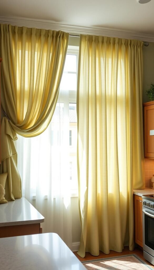 A cozy, well-lit kitchen featuring a large window with elegant sage green curtains gently swaying in the natural light. The curtains are made of a plush, textured fabric that cascades in soft folds, creating a serene and inviting atmosphere. The light filtering through the curtains casts a warm, soothing glow on the kitchen countertops and appliances, while the sage green hue complements the earthy tones of the wood cabinetry and backsplash. The curtains are complemented by matching sage green throw pillows and a rug, tying the entire space together in a cohesive, harmonious design. A cozy, well-lit kitchen featuring a large window with elegant sage green curtains gently swaying in the natural light. The curtains are made of a plush, textured fabric that cascades in soft folds, creating a serene and inviting atmosphere. The light filtering through the curtains casts a warm, soothing glow on the kitchen countertops and appliances, while the sage green hue complements the earthy tones of the wood cabinetry and backsplash. The curtains are complemented by matching sage green throw pillows and a rug, tying the entire space together in a cohesive, harmonious design.