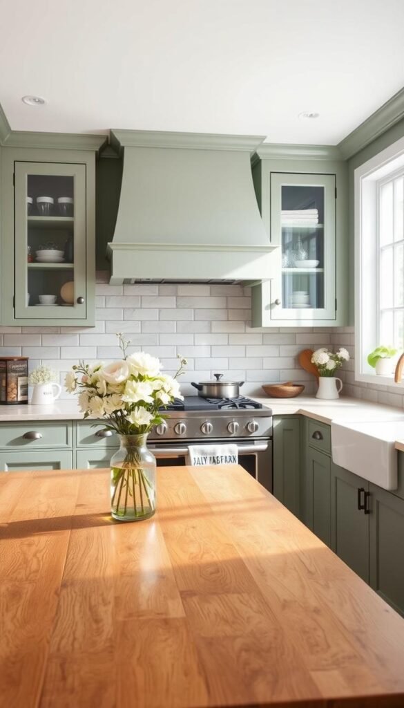 A cozy, well-lit kitchen with sage green cabinetry and a mix of neutral tones. In the foreground, a wooden table with a vase of fresh flowers takes center stage. The middle ground features a subway tile backsplash in a complementary shade, with sleek stainless steel appliances blending seamlessly. The background showcases large windows allowing natural light to flood the space, creating a warm and inviting atmosphere. The overall color palette is cohesive, balancing the earthy tones of sage green with accents of white, gray, and wood grain, resulting in a harmonious and sophisticated kitchen design. A cozy, well-lit kitchen with sage green cabinetry and a mix of neutral tones. In the foreground, a wooden table with a vase of fresh flowers takes center stage. The middle ground features a subway tile backsplash in a complementary shade, with sleek stainless steel appliances blending seamlessly. The background showcases large windows allowing natural light to flood the space, creating a warm and inviting atmosphere. The overall color palette is cohesive, balancing the earthy tones of sage green with accents of white, gray, and wood grain, resulting in a harmonious and sophisticated kitchen design.