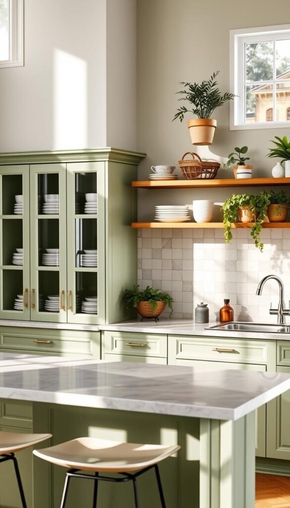 A cozy, well-lit sage green kitchen with natural light streaming through the windows, accentuating the warm hues of the cabinets and countertops. The foreground features a sleek, modern kitchen island with a marble-like countertop, surrounded by minimalist bar stools. In the middle ground, a row of gleaming glass-front cabinets showcases elegant white dishware. The background features a tiled backsplash in complementary sage tones, framed by wooden open shelves displaying lush potted plants and decorative accessories. The overall atmosphere is one of effortless elegance and soothing tranquility. A cozy, well-lit sage green kitchen with natural light streaming through the windows, accentuating the warm hues of the cabinets and countertops. The foreground features a sleek, modern kitchen island with a marble-like countertop, surrounded by minimalist bar stools. In the middle ground, a row of gleaming glass-front cabinets showcases elegant white dishware. The background features a tiled backsplash in complementary sage tones, framed by wooden open shelves displaying lush potted plants and decorative accessories. The overall atmosphere is one of effortless elegance and soothing tranquility.