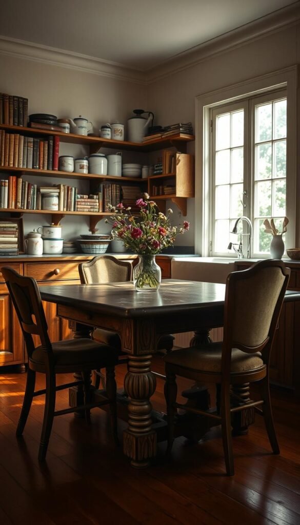A cozy, well-lit vintage kitchen with warm, natural lighting pouring in through a large window, casting a soft glow on the aged, wooden furniture. In the foreground, a sturdy, rustic kitchen table with intricate carved legs and a worn, distressed finish, accompanied by a pair of mismatched, upholstered chairs. On the table, a vase of fresh-cut wildflowers adds a touch of vibrant color. Lining the walls, a collection of vintage cookbooks, ceramic jars, and enamel kitchenware create a charming, lived-in ambiance. The overall atmosphere exudes a sense of timeless elegance and comfort, perfectly suited for a dark academia-inspired kitchen. A cozy, well-lit vintage kitchen with warm, natural lighting pouring in through a large window, casting a soft glow on the aged, wooden furniture. In the foreground, a sturdy, rustic kitchen table with intricate carved legs and a worn, distressed finish, accompanied by a pair of mismatched, upholstered chairs. On the table, a vase of fresh-cut wildflowers adds a touch of vibrant color. Lining the walls, a collection of vintage cookbooks, ceramic jars, and enamel kitchenware create a charming, lived-in ambiance. The overall atmosphere exudes a sense of timeless elegance and comfort, perfectly suited for a dark academia-inspired kitchen.
