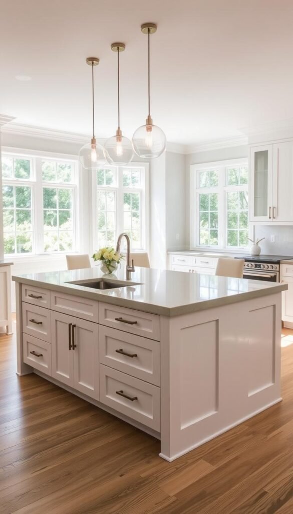 A custom kitchen island in a bright, airy kitchen. The island has a smooth, sage green marble countertop with a waterfall edge, complemented by sleek white cabinets and drawers. The island features a built-in sink and faucet, as well as an integrated prep area with plenty of workspace. Hanging above the island are three minimalist pendant lights that cast a warm glow, illuminating the space. The kitchen is flooded with natural light from large windows, giving the room a serene and inviting atmosphere. The island is positioned in the center of the kitchen, creating a functional and visually appealing layout. A custom kitchen island in a bright, airy kitchen. The island has a smooth, sage green marble countertop with a waterfall edge, complemented by sleek white cabinets and drawers. The island features a built-in sink and faucet, as well as an integrated prep area with plenty of workspace. Hanging above the island are three minimalist pendant lights that cast a warm glow, illuminating the space. The kitchen is flooded with natural light from large windows, giving the room a serene and inviting atmosphere. The island is positioned in the center of the kitchen, creating a functional and visually appealing layout.