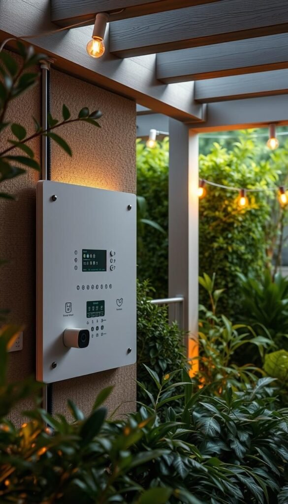 A cutting-edge outdoor smart home system, featuring a sleek weatherproof control panel, motion-activated security cameras, and interconnected smart lighting. Nestled amidst a lush, verdant backyard, the setup captures the essence of modern, automated living harmoniously blended with nature. Warm, ambient lighting casts a gentle glow, while discreet monitoring sensors scan the area, ensuring safety and peace of mind. The minimalist, high-tech aesthetic seamlessly integrates with the organic surroundings, creating a harmonious fusion of technology and the great outdoors. A cutting-edge outdoor smart home system, featuring a sleek weatherproof control panel, motion-activated security cameras, and interconnected smart lighting. Nestled amidst a lush, verdant backyard, the setup captures the essence of modern, automated living harmoniously blended with nature. Warm, ambient lighting casts a gentle glow, while discreet monitoring sensors scan the area, ensuring safety and peace of mind. The minimalist, high-tech aesthetic seamlessly integrates with the organic surroundings, creating a harmonious fusion of technology and the great outdoors.