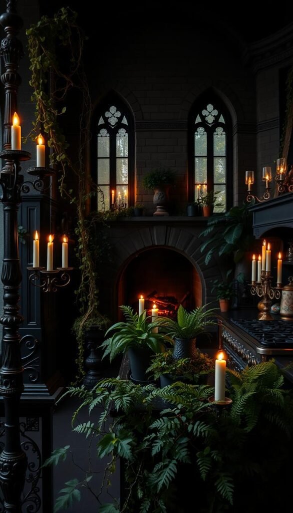 A dark, moody kitchen with ornate gothic decor and lush indoor plants. The foreground features intricate ironwork, candelabras, and a vintage-inspired range. Cascading vines and potted ferns populate the middle ground, adding a touch of nature. The background showcases a dramatic stone fireplace, high-arched windows, and shadowy corners illuminated by the warm glow of candlelight. The overall atmosphere is one of old-world elegance and a touch of mystique, creating a cozy and inviting space for the modern-day dark academia enthusiast. A dark, moody kitchen with ornate gothic decor and lush indoor plants. The foreground features intricate ironwork, candelabras, and a vintage-inspired range. Cascading vines and potted ferns populate the middle ground, adding a touch of nature. The background showcases a dramatic stone fireplace, high-arched windows, and shadowy corners illuminated by the warm glow of candlelight. The overall atmosphere is one of old-world elegance and a touch of mystique, creating a cozy and inviting space for the modern-day dark academia enthusiast.