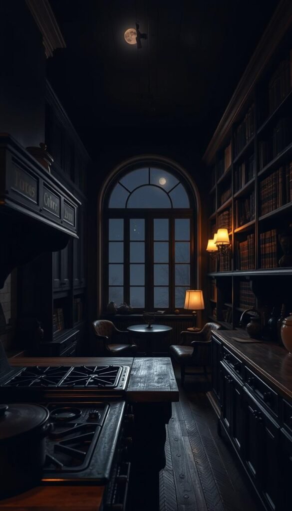A dimly lit, cozy kitchen with a dark, moody atmosphere. The foreground features a vintage range, cast iron pots, and a worn butcher block countertop. In the middle ground, tall bookshelves line the walls, filled with leather-bound tomes and antique decorative objects. The background showcases a large, arched window framing a night sky, casting a soft, warm glow throughout the space. The lighting is a mix of natural moonlight and the gentle glow of old-fashioned lamps, creating a sense of timeless elegance. The scene is captured with a wide-angle lens, emphasizing the depth and grandeur of the kitchen-library hybrid. A dimly lit, cozy kitchen with a dark, moody atmosphere. The foreground features a vintage range, cast iron pots, and a worn butcher block countertop. In the middle ground, tall bookshelves line the walls, filled with leather-bound tomes and antique decorative objects. The background showcases a large, arched window framing a night sky, casting a soft, warm glow throughout the space. The lighting is a mix of natural moonlight and the gentle glow of old-fashioned lamps, creating a sense of timeless elegance. The scene is captured with a wide-angle lens, emphasizing the depth and grandeur of the kitchen-library hybrid.
