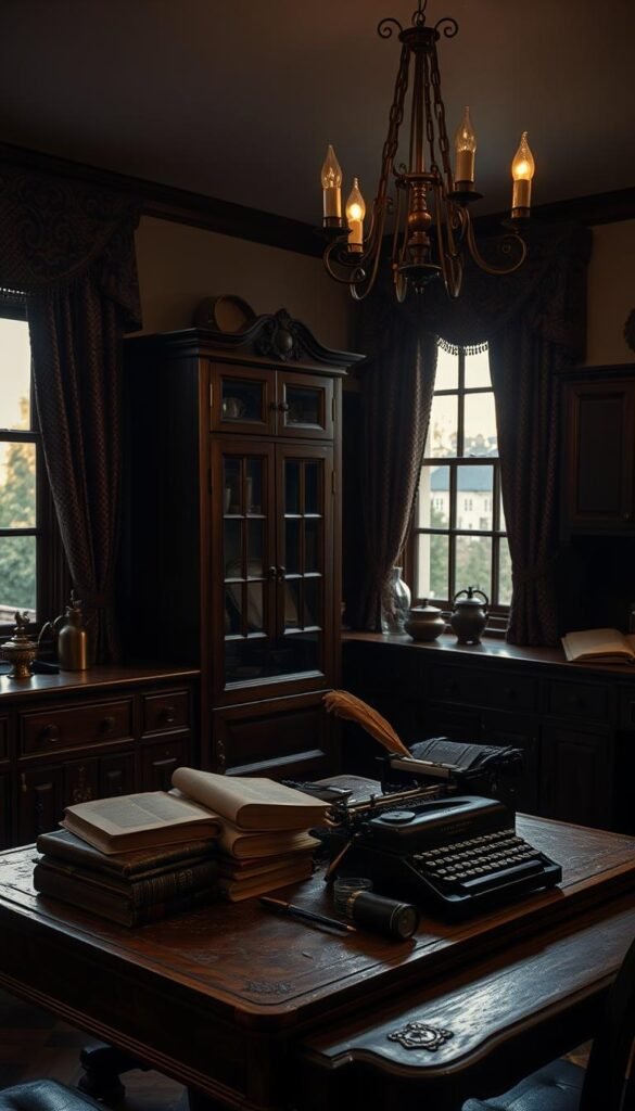 A dimly lit kitchen interior, cast in a moody, atmospheric lighting. Antique brass fittings and hardware adorn the dark wood cabinetry, with a vintage apothecary cabinet serving as the focal point. A collection of leather-bound books, quill pens, and a typewriter sit atop a worn, wooden table, creating a scholarly, scholarly ambiance. Heavy, brocade curtains frame the windows, filtering the dusky, late-afternoon light. A single, wrought-iron chandelier casts flickering shadows across the space, evoking a sense of timeless elegance and intellectual contemplation. A dimly lit kitchen interior, cast in a moody, atmospheric lighting. Antique brass fittings and hardware adorn the dark wood cabinetry, with a vintage apothecary cabinet serving as the focal point. A collection of leather-bound books, quill pens, and a typewriter sit atop a worn, wooden table, creating a scholarly, scholarly ambiance. Heavy, brocade curtains frame the windows, filtering the dusky, late-afternoon light. A single, wrought-iron chandelier casts flickering shadows across the space, evoking a sense of timeless elegance and intellectual contemplation.