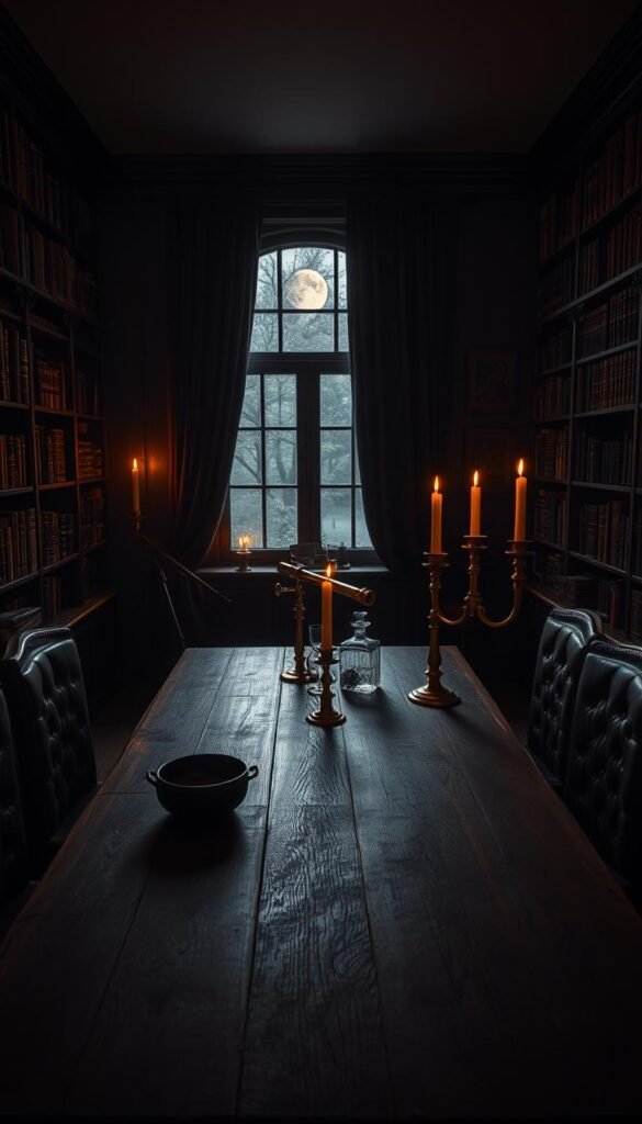 A dimly lit kitchen with a heavy, somber atmosphere. The focal point is a solid wood table, its surface worn and weathered, surrounded by high-backed leather chairs. The walls are lined with shadowy, overflowing bookshelves, casting a warm, amber glow. Brass candlesticks flicker, illuminating an assortment of vintage curiosities - a brass telescope, a crystal decanter, a silver pocket watch. The windows are draped in thick, velvet curtains, allowing only slivers of moonlight to filter through. The scene evokes a sense of scholarly contemplation, a space for deep intellectual discourse amidst the comforts of a well-appointed home. A dimly lit kitchen with a heavy, somber atmosphere. The focal point is a solid wood table, its surface worn and weathered, surrounded by high-backed leather chairs. The walls are lined with shadowy, overflowing bookshelves, casting a warm, amber glow. Brass candlesticks flicker, illuminating an assortment of vintage curiosities - a brass telescope, a crystal decanter, a silver pocket watch. The windows are draped in thick, velvet curtains, allowing only slivers of moonlight to filter through. The scene evokes a sense of scholarly contemplation, a space for deep intellectual discourse amidst the comforts of a well-appointed home.