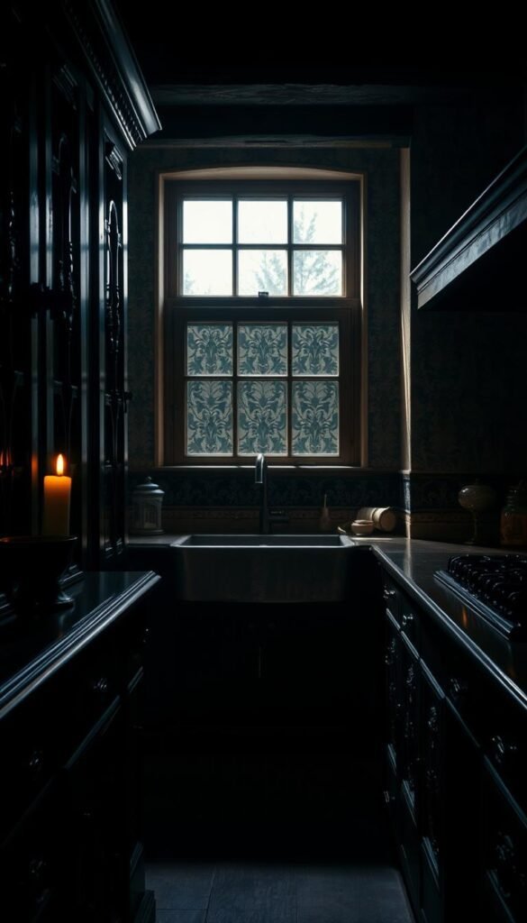 A dimly lit kitchen with rich, moody tones and textural elements. The foreground features dark wooden cabinets with intricate carved details, their surface reflecting the soft glow of candles. The middle ground showcases a large, antique farmhouse sink nestled beneath a window, the light filtering in and casting dramatic shadows. In the background, the walls are adorned with a wallpaper in a deep, earthy tone, its pattern adding depth and visual interest. The overall atmosphere is one of warmth, sophistication, and a touch of mystery, inviting the viewer to linger and explore the space. A dimly lit kitchen with rich, moody tones and textural elements. The foreground features dark wooden cabinets with intricate carved details, their surface reflecting the soft glow of candles. The middle ground showcases a large, antique farmhouse sink nestled beneath a window, the light filtering in and casting dramatic shadows. In the background, the walls are adorned with a wallpaper in a deep, earthy tone, its pattern adding depth and visual interest. The overall atmosphere is one of warmth, sophistication, and a touch of mystery, inviting the viewer to linger and explore the space.