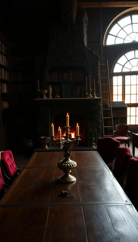 A dimly lit, moody kitchen in a dark academia style. The foreground features a large, rustic wooden table surrounded by vintage-inspired chairs with plush, velvety upholstery in deep burgundy and forest green tones. Antique brass candlesticks and a gnarled, twisted centerpiece create a sense of old-world elegance. The middle ground showcases a massive stone fireplace with a heavy, ornate mantel, casting warm, flickering light throughout the space. The background reveals floor-to-ceiling bookshelves packed with leather-bound volumes, a rolling ladder, and a large, arched window that lets in a soft, golden glow. The overall atmosphere is one of cozy sophistication, with rich, earthy hues and a touch of vintage charm. A dimly lit, moody kitchen in a dark academia style. The foreground features a large, rustic wooden table surrounded by vintage-inspired chairs with plush, velvety upholstery in deep burgundy and forest green tones. Antique brass candlesticks and a gnarled, twisted centerpiece create a sense of old-world elegance. The middle ground showcases a massive stone fireplace with a heavy, ornate mantel, casting warm, flickering light throughout the space. The background reveals floor-to-ceiling bookshelves packed with leather-bound volumes, a rolling ladder, and a large, arched window that lets in a soft, golden glow. The overall atmosphere is one of cozy sophistication, with rich, earthy hues and a touch of vintage charm.
