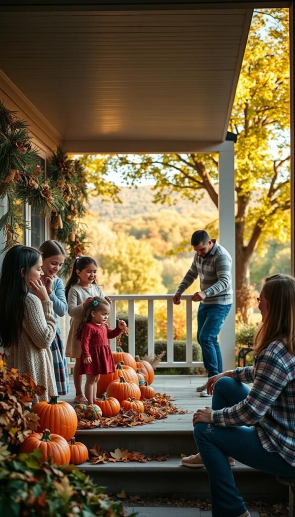 A family gathered in their backyard, carefully decorating the space for the changing seasons. In the foreground, a mother and her two children hang festive garlands on the porch, their expressions filled with joy and concentration. In the middle ground, the father arranges pumpkins and autumnal leaves around the front steps, creating a cozy, inviting atmosphere. The background showcases a lush, verdant landscape, with trees swaying gently in the warm, golden light of the late afternoon sun. The overall scene conveys a sense of togetherness, as the family collaborates to transform their outdoor space and embrace the transition of the seasons. A family gathered in their backyard, carefully decorating the space for the changing seasons. In the foreground, a mother and her two children hang festive garlands on the porch, their expressions filled with joy and concentration. In the middle ground, the father arranges pumpkins and autumnal leaves around the front steps, creating a cozy, inviting atmosphere. The background showcases a lush, verdant landscape, with trees swaying gently in the warm, golden light of the late afternoon sun. The overall scene conveys a sense of togetherness, as the family collaborates to transform their outdoor space and embrace the transition of the seasons.