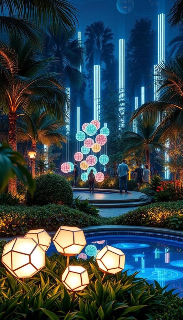 A futuristic garden oasis, illuminated by an array of sleek, tech-inspired lighting fixtures. In the foreground, a cluster of modern, geometric luminaires cast a warm, ambient glow over a lush bed of vibrant foliage. The middle ground reveals a mesmerizing display of pulsing, color-changing orbs suspended above a tranquil reflecting pool, their reflections dancing across the water's surface. Recessed into the background, a series of tall, slender light towers project mesmerizing patterns of light and shadow onto the surrounding greenery, creating an otherworldly, immersive atmosphere. The overall scene exudes a sense of innovation, sophistication, and a harmonious blending of nature and technology. A futuristic garden oasis, illuminated by an array of sleek, tech-inspired lighting fixtures. In the foreground, a cluster of modern, geometric luminaires cast a warm, ambient glow over a lush bed of vibrant foliage. The middle ground reveals a mesmerizing display of pulsing, color-changing orbs suspended above a tranquil reflecting pool, their reflections dancing across the water's surface. Recessed into the background, a series of tall, slender light towers project mesmerizing patterns of light and shadow onto the surrounding greenery, creating an otherworldly, immersive atmosphere. The overall scene exudes a sense of innovation, sophistication, and a harmonious blending of nature and technology.