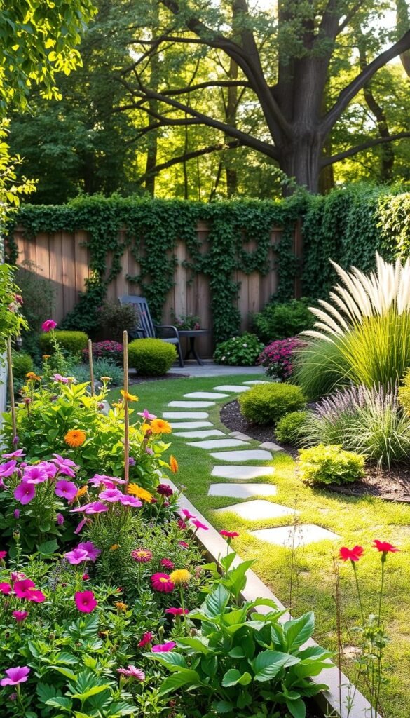 A lush, budget-friendly garden oasis with vibrant foliage and rustic accents. In the foreground, a raised garden bed bursting with colorful flowers and herbs. In the middle ground, a winding stone path leading to a cozy seating area surrounded by neatly trimmed shrubs and ornamental grasses. The background features a wooden fence draped in cascading vines, creating a natural privacy screen. Soft, diffused sunlight filters through the canopy of mature trees, casting a warm, inviting glow over the entire scene. The overall atmosphere is one of tranquility and practical elegance, inspiring ideas for an affordable, yet visually compelling outdoor space. A lush, budget-friendly garden oasis with vibrant foliage and rustic accents. In the foreground, a raised garden bed bursting with colorful flowers and herbs. In the middle ground, a winding stone path leading to a cozy seating area surrounded by neatly trimmed shrubs and ornamental grasses. The background features a wooden fence draped in cascading vines, creating a natural privacy screen. Soft, diffused sunlight filters through the canopy of mature trees, casting a warm, inviting glow over the entire scene. The overall atmosphere is one of tranquility and practical elegance, inspiring ideas for an affordable, yet visually compelling outdoor space.