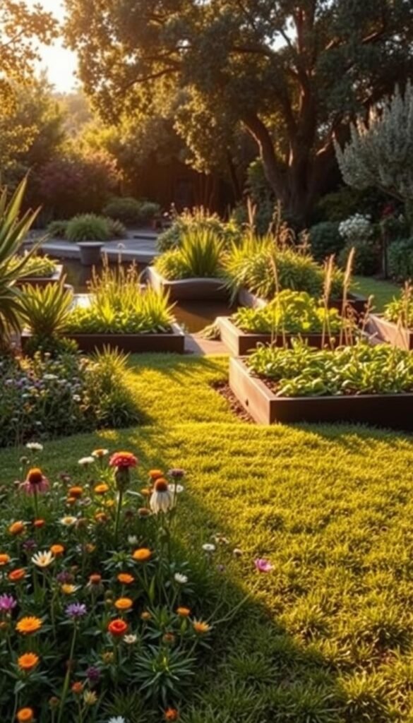A lush, eco-conscious garden landscape with a blend of native flora and sustainable features. In the foreground, a well-manicured lawn dotted with vibrant wildflowers and low-maintenance groundcover. In the middle ground, neatly arranged raised garden beds overflow with thriving vegetable plants and aromatic herbs. Towards the back, a serene water feature - perhaps a small pond or stream - is surrounded by a variety of drought-tolerant shrubs and trees, providing natural shade and habitat for local wildlife. Warm, diffused sunlight filters through the canopy, casting a tranquil, earthy glow over the entire scene. The overall composition conveys a sense of harmony, balance, and environmental stewardship. A lush, eco-conscious garden landscape with a blend of native flora and sustainable features. In the foreground, a well-manicured lawn dotted with vibrant wildflowers and low-maintenance groundcover. In the middle ground, neatly arranged raised garden beds overflow with thriving vegetable plants and aromatic herbs. Towards the back, a serene water feature - perhaps a small pond or stream - is surrounded by a variety of drought-tolerant shrubs and trees, providing natural shade and habitat for local wildlife. Warm, diffused sunlight filters through the canopy, casting a tranquil, earthy glow over the entire scene. The overall composition conveys a sense of harmony, balance, and environmental stewardship.