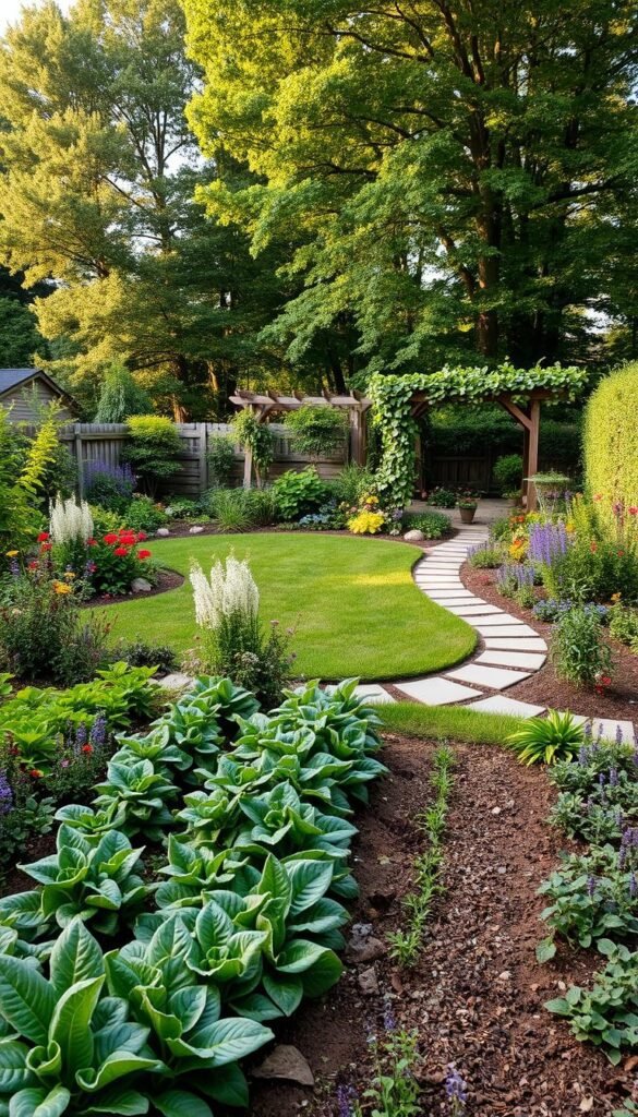 A lush, eco-friendly backyard landscape with a vibrant, natural appearance. In the foreground, a thriving vegetable garden with neat rows of leafy greens and colorful produce. Surrounding it, a diverse array of native perennials and flowering plants, creating a pollinator-friendly oasis. In the middle ground, a neatly trimmed lawn with a winding stone path leading to a quaint, wooden pergola draped in climbing vines. In the background, a dense stand of tall, leafy trees providing shade and privacy. Warm, natural lighting illuminates the scene, casting a soft, inviting glow. The overall atmosphere conveys a sense of environmental harmony and sustainable living. A lush, eco-friendly backyard landscape with a vibrant, natural appearance. In the foreground, a thriving vegetable garden with neat rows of leafy greens and colorful produce. Surrounding it, a diverse array of native perennials and flowering plants, creating a pollinator-friendly oasis. In the middle ground, a neatly trimmed lawn with a winding stone path leading to a quaint, wooden pergola draped in climbing vines. In the background, a dense stand of tall, leafy trees providing shade and privacy. Warm, natural lighting illuminates the scene, casting a soft, inviting glow. The overall atmosphere conveys a sense of environmental harmony and sustainable living.