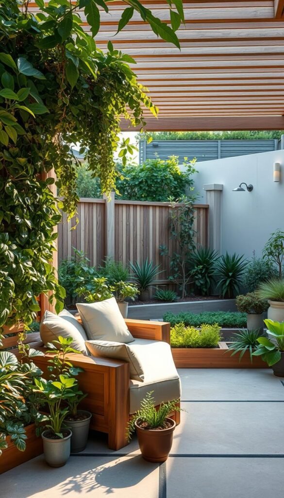 A lush, eco-friendly garden oasis with a compact, minimalist outdoor living space. In the foreground, a modern, modular sofa with neutral cushions and wooden accents nestled on a paved patio. Surrounding it, a variety of potted plants, small shrubs, and a vertical garden wall, creating a naturalistic, low-maintenance setting. In the middle ground, a tidy, raised garden bed featuring an array of leafy greens and herbs. Overhead, a slatted wooden pergola casts gentle shadows, diffusing warm, golden sunlight. In the background, a simple, uncluttered fence or wall, with carefully placed accent lighting, establishing a sense of privacy and tranquility. A lush, eco-friendly garden oasis with a compact, minimalist outdoor living space. In the foreground, a modern, modular sofa with neutral cushions and wooden accents nestled on a paved patio. Surrounding it, a variety of potted plants, small shrubs, and a vertical garden wall, creating a naturalistic, low-maintenance setting. In the middle ground, a tidy, raised garden bed featuring an array of leafy greens and herbs. Overhead, a slatted wooden pergola casts gentle shadows, diffusing warm, golden sunlight. In the background, a simple, uncluttered fence or wall, with carefully placed accent lighting, establishing a sense of privacy and tranquility.