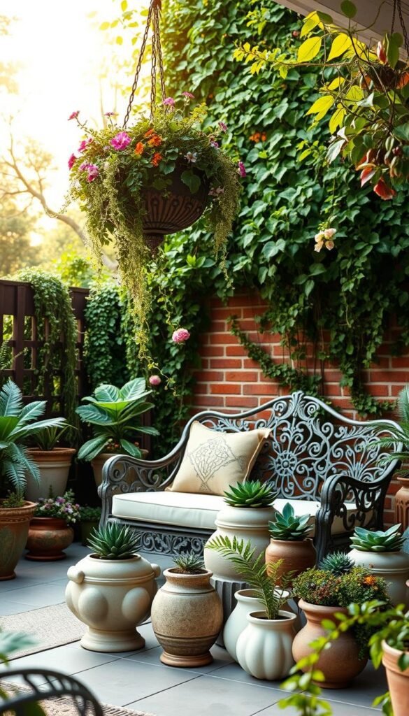 A lush, garden-inspired patio with an abundance of potted plants and ornamental decor. In the foreground, a stylish hanging planter overflows with cascading vines and blooming flowers. Nearby, an ornate garden bench is adorned with plush cushions and a decorative throw pillow. In the middle ground, a low-profile coffee table is topped with an assortment of sculptural ceramic planters housing succulents and ferns. The background features a brick or stone patio wall, partially obscured by a verdant trellis supporting climbing ivy. Warm, golden sunlight filters through the foliage, casting a gentle glow over the scene. The overall atmosphere is one of serene, botanical elegance, inviting relaxation and connection with nature. A lush, garden-inspired patio with an abundance of potted plants and ornamental decor. In the foreground, a stylish hanging planter overflows with cascading vines and blooming flowers. Nearby, an ornate garden bench is adorned with plush cushions and a decorative throw pillow. In the middle ground, a low-profile coffee table is topped with an assortment of sculptural ceramic planters housing succulents and ferns. The background features a brick or stone patio wall, partially obscured by a verdant trellis supporting climbing ivy. Warm, golden sunlight filters through the foliage, casting a gentle glow over the scene. The overall atmosphere is one of serene, botanical elegance, inviting relaxation and connection with nature.