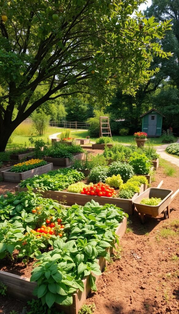 A lush, organic vegetable garden nestled in a sun-dappled clearing. Raised beds brimming with vibrant greens, heirloom tomatoes, and fragrant herbs. Sunlight filters through a canopy of mature fruit trees, casting a warm glow over the scene. Composted soil, rich in nutrients, nurtures the thriving plants. A wooden wheelbarrow sits nearby, filled with freshly harvested produce. In the distance, a winding path leads to a quaint garden shed, its weathered boards hinting at the sustainable practices within. An atmosphere of harmony and abundance pervades, embodying the principles of eco-friendly, organic gardening. A lush, organic vegetable garden nestled in a sun-dappled clearing. Raised beds brimming with vibrant greens, heirloom tomatoes, and fragrant herbs. Sunlight filters through a canopy of mature fruit trees, casting a warm glow over the scene. Composted soil, rich in nutrients, nurtures the thriving plants. A wooden wheelbarrow sits nearby, filled with freshly harvested produce. In the distance, a winding path leads to a quaint garden shed, its weathered boards hinting at the sustainable practices within. An atmosphere of harmony and abundance pervades, embodying the principles of eco-friendly, organic gardening.