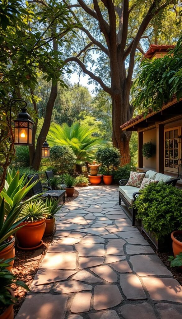 A lush, sun-dappled flagstone patio nestled amidst a verdant garden oasis. Irregular flagstones in warm earthy tones form a meandering path, interspersed with thriving potted plants and towering trees casting soft shadows. Ornamental lanterns illuminate the scene, creating a serene and inviting atmosphere. A cozy outdoor seating area with plush cushions beckons for relaxation, seamlessly blending the patio with the surrounding landscape. Captured with a wide-angle lens, the image emphasizes the harmonious integration of this flagstone patio design within its natural setting. A lush, sun-dappled flagstone patio nestled amidst a verdant garden oasis. Irregular flagstones in warm earthy tones form a meandering path, interspersed with thriving potted plants and towering trees casting soft shadows. Ornamental lanterns illuminate the scene, creating a serene and inviting atmosphere. A cozy outdoor seating area with plush cushions beckons for relaxation, seamlessly blending the patio with the surrounding landscape. Captured with a wide-angle lens, the image emphasizes the harmonious integration of this flagstone patio design within its natural setting.