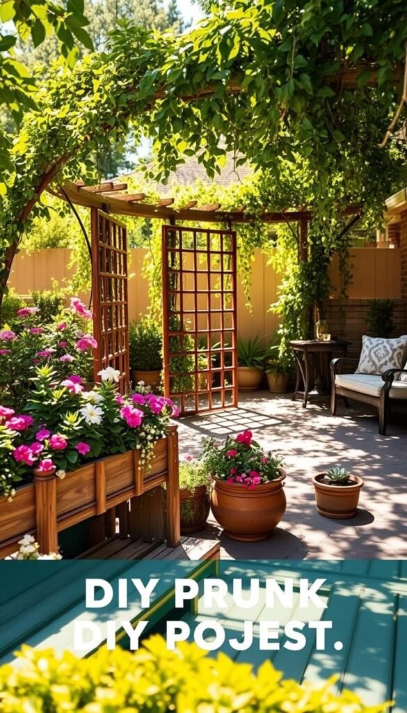 A lush, sun-dappled patio with a variety of creative DIY projects that seamlessly integrate into the outdoor setting. In the foreground, a rustic wooden bench with planter boxes overflowing with vibrant flowering plants. In the midground, a whimsical garden trellis adorned with cascading vines, casting dappled shadows across the paved patio floor. In the background, a cozy outdoor lounge area with comfortable cushions and a small side table displaying a potted succulent. The scene is bathed in warm, golden lighting that enhances the natural textures and colors, creating a serene and inviting atmosphere perfect for upgrading an outdoor oasis. A lush, sun-dappled patio with a variety of creative DIY projects that seamlessly integrate into the outdoor setting. In the foreground, a rustic wooden bench with planter boxes overflowing with vibrant flowering plants. In the midground, a whimsical garden trellis adorned with cascading vines, casting dappled shadows across the paved patio floor. In the background, a cozy outdoor lounge area with comfortable cushions and a small side table displaying a potted succulent. The scene is bathed in warm, golden lighting that enhances the natural textures and colors, creating a serene and inviting atmosphere perfect for upgrading an outdoor oasis.