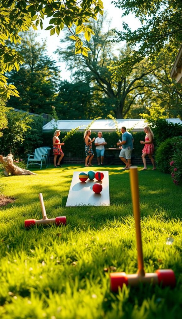 A lush, verdant backyard on a sunny day, with various outdoor games set up in the middle ground. In the foreground, a croquet set with its colorful balls and mallets. Behind it, a cornhole game with beanbags in flight. In the background, a group of people enthusiastically playing a friendly game of bocce ball. The scene is bathed in warm, golden light, creating a welcoming and joyful atmosphere. The camera angle is slightly elevated, capturing the full breadth of the playful setup. The image conveys a sense of leisure, camaraderie, and the simple pleasures of an outdoor oasis. A lush, verdant backyard on a sunny day, with various outdoor games set up in the middle ground. In the foreground, a croquet set with its colorful balls and mallets. Behind it, a cornhole game with beanbags in flight. In the background, a group of people enthusiastically playing a friendly game of bocce ball. The scene is bathed in warm, golden light, creating a welcoming and joyful atmosphere. The camera angle is slightly elevated, capturing the full breadth of the playful setup. The image conveys a sense of leisure, camaraderie, and the simple pleasures of an outdoor oasis.