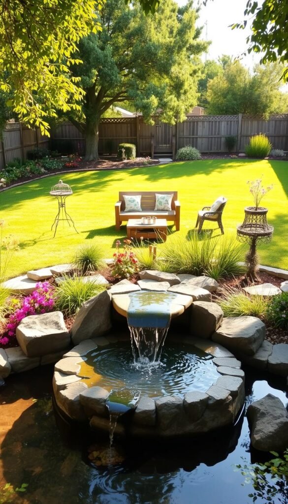 A lush, verdant backyard with a tranquil water feature taking center stage. In the foreground, a simple, yet elegant stone fountain cascades into a shallow pool, surrounded by a colorful array of native plants and flowers. The middle ground showcases a DIY seating area, crafted from reclaimed wood and natural materials, creating a cozy, inviting atmosphere. In the background, a well-manicured lawn and a few strategically placed trees frame the scene, casting warm, soft lighting and gentle shadows across the entire composition. The overall mood is one of peaceful, rustic charm, showcasing how an affordable, DIY water feature can transform a basic backyard into a serene oasis. A lush, verdant backyard with a tranquil water feature taking center stage. In the foreground, a simple, yet elegant stone fountain cascades into a shallow pool, surrounded by a colorful array of native plants and flowers. The middle ground showcases a DIY seating area, crafted from reclaimed wood and natural materials, creating a cozy, inviting atmosphere. In the background, a well-manicured lawn and a few strategically placed trees frame the scene, casting warm, soft lighting and gentle shadows across the entire composition. The overall mood is one of peaceful, rustic charm, showcasing how an affordable, DIY water feature can transform a basic backyard into a serene oasis.