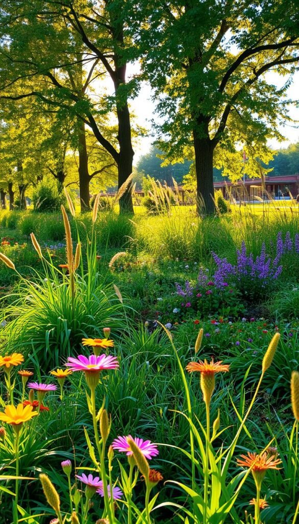 A lush, verdant garden filled with vibrant native plants, bathed in warm, golden afternoon sunlight. In the foreground, a variety of colorful flowers bloom, their petals swaying gently in a light breeze. The middle ground showcases a mix of tall, swaying grasses and low-growing ground covers, creating a natural, layered texture. In the background, a row of tall, mature trees provides a serene, shaded canopy, their leaves casting dynamic patterns of light and shadow across the scene. The overall atmosphere is one of tranquility and harmony, with a strong emphasis on the integration of native, eco-friendly elements. A lush, verdant garden filled with vibrant native plants, bathed in warm, golden afternoon sunlight. In the foreground, a variety of colorful flowers bloom, their petals swaying gently in a light breeze. The middle ground showcases a mix of tall, swaying grasses and low-growing ground covers, creating a natural, layered texture. In the background, a row of tall, mature trees provides a serene, shaded canopy, their leaves casting dynamic patterns of light and shadow across the scene. The overall atmosphere is one of tranquility and harmony, with a strong emphasis on the integration of native, eco-friendly elements.