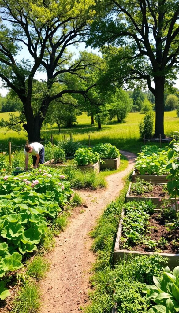A lush, verdant garden nestled in a sunlit meadow, showcasing a vibrant array of organic vegetables, herbs, and flowers thriving in harmony. In the foreground, a person tenderly tending to the soil, applying natural fertilizers and mulch to nourish the plants. Winding pathways guide the viewer through the scene, leading past meticulously maintained raised beds and a water-efficient drip irrigation system. Towering trees provide dappled shade, and a gentle breeze rustles the leaves, creating a serene, tranquil atmosphere. The image conveys the beauty and sustainability of eco-friendly gardening techniques, inspiring a sense of environmental stewardship and connection to the natural world. A lush, verdant garden nestled in a sunlit meadow, showcasing a vibrant array of organic vegetables, herbs, and flowers thriving in harmony. In the foreground, a person tenderly tending to the soil, applying natural fertilizers and mulch to nourish the plants. Winding pathways guide the viewer through the scene, leading past meticulously maintained raised beds and a water-efficient drip irrigation system. Towering trees provide dappled shade, and a gentle breeze rustles the leaves, creating a serene, tranquil atmosphere. The image conveys the beauty and sustainability of eco-friendly gardening techniques, inspiring a sense of environmental stewardship and connection to the natural world.