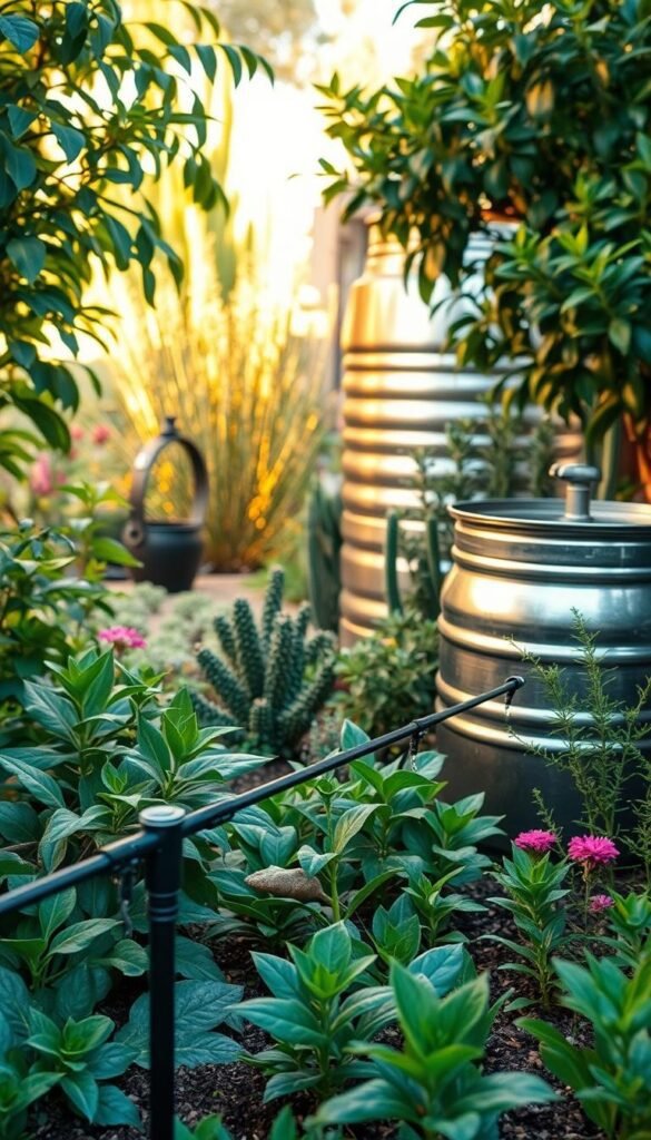 A lush, verdant garden oasis with a focus on water conservation. In the foreground, a drip irrigation system waters plants efficiently, minimizing evaporation. The middle ground showcases a rain barrel collecting precious rainwater, its polished metal surface reflecting the warm, golden light. In the background, a carefully curated xeriscape of drought-tolerant native plants thrives, their vibrant colors and textures accentuated by a soft, diffused lighting. The overall scene conveys a sense of harmony, where man-made solutions coexist seamlessly with nature, showcasing a sustainable approach to gardening. A lush, verdant garden oasis with a focus on water conservation. In the foreground, a drip irrigation system waters plants efficiently, minimizing evaporation. The middle ground showcases a rain barrel collecting precious rainwater, its polished metal surface reflecting the warm, golden light. In the background, a carefully curated xeriscape of drought-tolerant native plants thrives, their vibrant colors and textures accentuated by a soft, diffused lighting. The overall scene conveys a sense of harmony, where man-made solutions coexist seamlessly with nature, showcasing a sustainable approach to gardening.