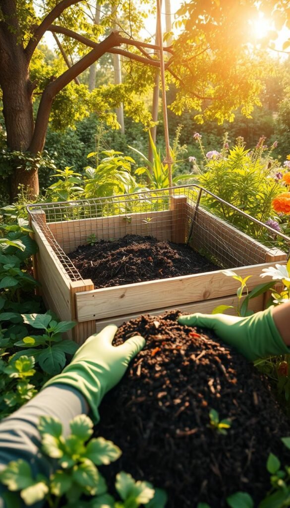 A lush, verdant garden scene with a large, well-maintained compost bin at its center. The bin, made of natural wood and wire mesh, is surrounded by a variety of thriving plants, from leafy greens to vibrant flowers. Sunlight filters through the branches of nearby trees, casting a warm, golden glow over the entire composition. In the foreground, a pair of gloved hands carefully turn the dark, nutrient-rich compost, hinting at the transformation of organic waste into a valuable soil amendment. The overall mood is one of harmony, sustainability, and the cyclical nature of life. A lush, verdant garden scene with a large, well-maintained compost bin at its center. The bin, made of natural wood and wire mesh, is surrounded by a variety of thriving plants, from leafy greens to vibrant flowers. Sunlight filters through the branches of nearby trees, casting a warm, golden glow over the entire composition. In the foreground, a pair of gloved hands carefully turn the dark, nutrient-rich compost, hinting at the transformation of organic waste into a valuable soil amendment. The overall mood is one of harmony, sustainability, and the cyclical nature of life.