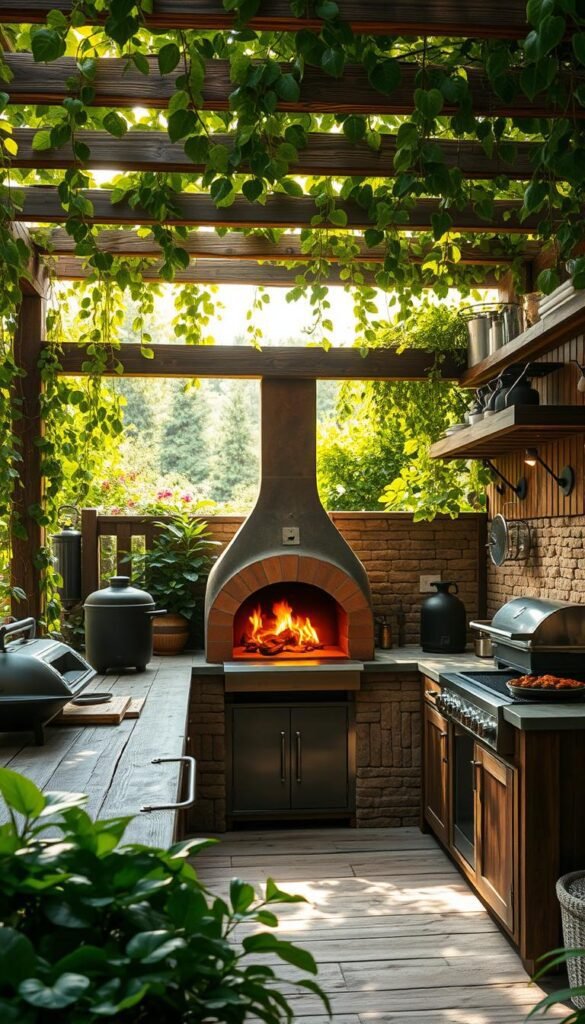 A lush, verdant outdoor kitchen nestled amidst a vibrant garden setting. A rustic wood-fired oven stands as the centerpiece, its flames casting a warm, inviting glow. Surrounding it, an array of unique cooking implements - a smoker, a spit-roast, a wok station - showcase innovative techniques for al fresco culinary exploration. Overhead, a pergola draped in cascading vines filters dappled sunlight, creating a serene, nature-inspired ambiance. Weathered wooden countertops and a stone backsplash lend an organic, earthy aesthetic, while strategically placed spotlights illuminate the scene with a soft, cinematic quality. This captivating tableau invites the viewer to imagine the mouthwatering dishes that might emerge from this hidden, enchanting outdoor oasis. A lush, verdant outdoor kitchen nestled amidst a vibrant garden setting. A rustic wood-fired oven stands as the centerpiece, its flames casting a warm, inviting glow. Surrounding it, an array of unique cooking implements - a smoker, a spit-roast, a wok station - showcase innovative techniques for al fresco culinary exploration. Overhead, a pergola draped in cascading vines filters dappled sunlight, creating a serene, nature-inspired ambiance. Weathered wooden countertops and a stone backsplash lend an organic, earthy aesthetic, while strategically placed spotlights illuminate the scene with a soft, cinematic quality. This captivating tableau invites the viewer to imagine the mouthwatering dishes that might emerge from this hidden, enchanting outdoor oasis.