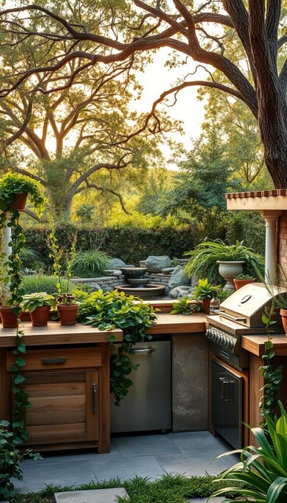 A lush, verdant outdoor kitchen nestled in a serene garden setting. The foreground features a rustic wooden kitchen counter with reclaimed materials, complemented by a modern stainless steel grill and range. Trailing vines and potted plants adorn the space, creating a harmonious blend of nature and function. The middle ground showcases a tranquil water feature, its gentle sounds adding to the calming ambiance. In the background, a canopy of mature trees filters the warm, diffused sunlight, casting a soft, natural glow over the entire scene. The overall composition emphasizes the seamless integration of the kitchen with its surrounding biophilic elements, creating a truly inviting and restorative outdoor living experience. A lush, verdant outdoor kitchen nestled in a serene garden setting. The foreground features a rustic wooden kitchen counter with reclaimed materials, complemented by a modern stainless steel grill and range. Trailing vines and potted plants adorn the space, creating a harmonious blend of nature and function. The middle ground showcases a tranquil water feature, its gentle sounds adding to the calming ambiance. In the background, a canopy of mature trees filters the warm, diffused sunlight, casting a soft, natural glow over the entire scene. The overall composition emphasizes the seamless integration of the kitchen with its surrounding biophilic elements, creating a truly inviting and restorative outdoor living experience.