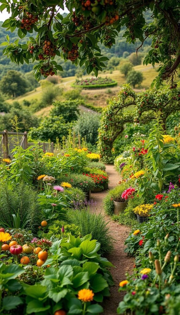 A lush, vibrant edible garden nestled in a serene, natural landscape. In the foreground, a diverse array of vegetables, herbs, and edible flowers flourish, their vibrant colors and textures creating a visually captivating scene. The middle ground features a gently winding path, inviting the viewer to explore the bountiful harvest. In the background, a rolling hillside is dotted with fruit trees and clusters of berry bushes, creating a harmonious, self-sustaining ecosystem. Soft, diffused lighting filters through the canopy, casting a warm, inviting glow over the entire scene. The overall composition evokes a sense of abundance, balance, and a deep connection to the natural world. A lush, vibrant edible garden nestled in a serene, natural landscape. In the foreground, a diverse array of vegetables, herbs, and edible flowers flourish, their vibrant colors and textures creating a visually captivating scene. The middle ground features a gently winding path, inviting the viewer to explore the bountiful harvest. In the background, a rolling hillside is dotted with fruit trees and clusters of berry bushes, creating a harmonious, self-sustaining ecosystem. Soft, diffused lighting filters through the canopy, casting a warm, inviting glow over the entire scene. The overall composition evokes a sense of abundance, balance, and a deep connection to the natural world.