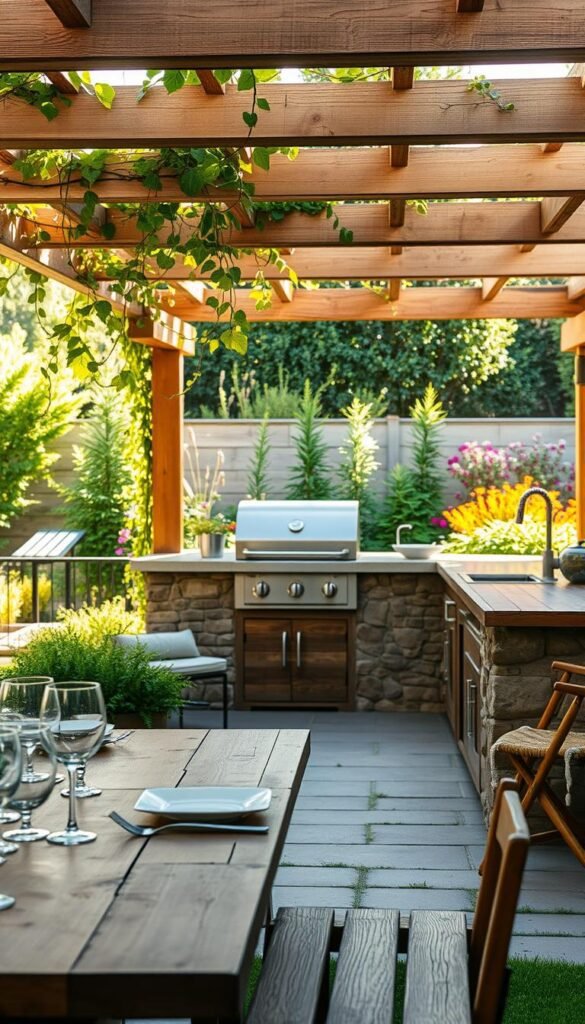 A lush, well-designed outdoor kitchen with a focus on native plants and wallet-friendly materials. In the foreground, a rustic wooden table with minimalist tableware sits beneath a pergola draped in trailing vines. The middle ground showcases a built-in grill and prep area, crafted from natural stone and warm-toned wood. In the background, a vibrant garden bed bursts with colorful, drought-tolerant native flora, creating a serene, nature-inspired ambiance. Soft, diffused sunlight filters through the pergola, casting a warm, inviting glow over the entire scene. The overall composition emphasizes a harmonious blend of natural elements, functional design, and a welcoming, down-to-earth aesthetic. A lush, well-designed outdoor kitchen with a focus on native plants and wallet-friendly materials. In the foreground, a rustic wooden table with minimalist tableware sits beneath a pergola draped in trailing vines. The middle ground showcases a built-in grill and prep area, crafted from natural stone and warm-toned wood. In the background, a vibrant garden bed bursts with colorful, drought-tolerant native flora, creating a serene, nature-inspired ambiance. Soft, diffused sunlight filters through the pergola, casting a warm, inviting glow over the entire scene. The overall composition emphasizes a harmonious blend of natural elements, functional design, and a welcoming, down-to-earth aesthetic.