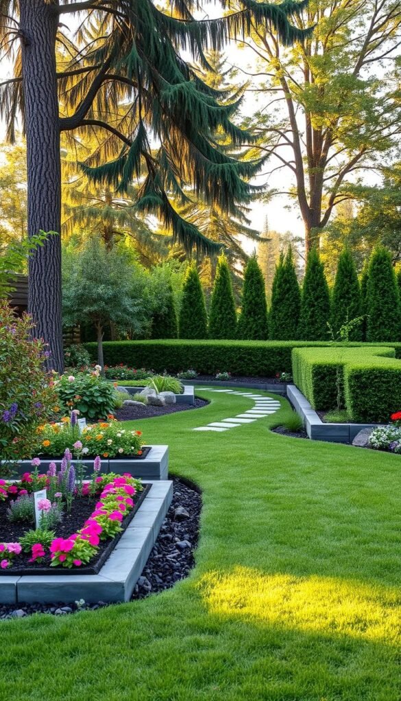 A lush, well-designed outdoor space with affordable, low-maintenance landscaping elements. In the foreground, a neatly trimmed lawn leads to raised garden beds filled with vibrant, colorful flowers and plants. In the middle ground, a simple stone pathway winds through the garden, bordered by neatly trimmed hedges. In the background, a mix of tall, native trees provide dappled shade and a sense of privacy. The scene is bathed in warm, golden afternoon light, creating a serene and inviting atmosphere. The overall composition emphasizes functionality, practicality, and natural beauty, perfect for an inspiring outdoor kitchen design. A lush, well-designed outdoor space with affordable, low-maintenance landscaping elements. In the foreground, a neatly trimmed lawn leads to raised garden beds filled with vibrant, colorful flowers and plants. In the middle ground, a simple stone pathway winds through the garden, bordered by neatly trimmed hedges. In the background, a mix of tall, native trees provide dappled shade and a sense of privacy. The scene is bathed in warm, golden afternoon light, creating a serene and inviting atmosphere. The overall composition emphasizes functionality, practicality, and natural beauty, perfect for an inspiring outdoor kitchen design.