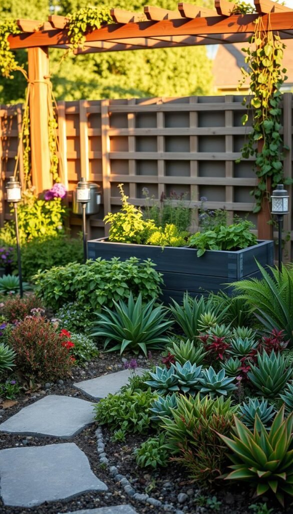 A lush, well-organized garden with a range of budget-friendly hardscaping elements. In the foreground, a simple stone pathway winds through a colorful mix of low-maintenance perennials and hearty succulents. Midground showcases a rustic wooden planter box filled with thriving herbs and vegetables. In the background, a charming DIY pergola casts a gentle shadow, adorned with cascading vines. The scene is bathed in warm, golden light, creating a serene, inviting atmosphere. The overall composition emphasizes practical, cost-effective design solutions suitable for a modest outdoor kitchen setup. A lush, well-organized garden with a range of budget-friendly hardscaping elements. In the foreground, a simple stone pathway winds through a colorful mix of low-maintenance perennials and hearty succulents. Midground showcases a rustic wooden planter box filled with thriving herbs and vegetables. In the background, a charming DIY pergola casts a gentle shadow, adorned with cascading vines. The scene is bathed in warm, golden light, creating a serene, inviting atmosphere. The overall composition emphasizes practical, cost-effective design solutions suitable for a modest outdoor kitchen setup.