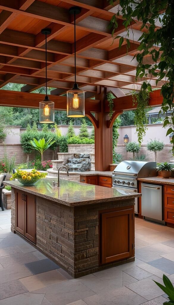 A luxury outdoor kitchen design with a sprawling stone-clad island and granite countertops. Warm-toned wood cabinetry and sleek stainless steel appliances create a refined aesthetic. Soft ambient lighting from overhead pendant fixtures illuminates the scene, casting a cozy glow. In the background, a lush garden with vibrant greenery and a trickling water feature add to the serene, nature-inspired atmosphere. The whole space is framed by a wooden pergola, draped with cascading vines, evoking a sense of elegant, al fresco dining. A high-end gas grill and integrated storage complete the thoughtfully curated layout, exuding a high-end, resort-like ambiance. A luxury outdoor kitchen design with a sprawling stone-clad island and granite countertops. Warm-toned wood cabinetry and sleek stainless steel appliances create a refined aesthetic. Soft ambient lighting from overhead pendant fixtures illuminates the scene, casting a cozy glow. In the background, a lush garden with vibrant greenery and a trickling water feature add to the serene, nature-inspired atmosphere. The whole space is framed by a wooden pergola, draped with cascading vines, evoking a sense of elegant, al fresco dining. A high-end gas grill and integrated storage complete the thoughtfully curated layout, exuding a high-end, resort-like ambiance.