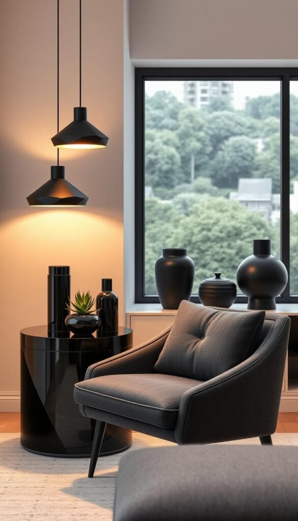 A meticulously curated arrangement of sleek black home decor accessories elegantly displayed in a modern, minimalist living room setting. Soft, warm lighting from a trio of geometric pendant lamps casts a cozy glow, illuminating a glossy black end table topped with a potted succulent and a sculptural vase. A plush, charcoal gray accent chair sits in the foreground, its sharp lines and sumptuous upholstery complementing the room's sophisticated aesthetic. In the background, a large picture window offers a serene view of a lush, urban landscape, further enhancing the space's tranquil, refined atmosphere. A meticulously curated arrangement of sleek black home decor accessories elegantly displayed in a modern, minimalist living room setting. Soft, warm lighting from a trio of geometric pendant lamps casts a cozy glow, illuminating a glossy black end table topped with a potted succulent and a sculptural vase. A plush, charcoal gray accent chair sits in the foreground, its sharp lines and sumptuous upholstery complementing the room's sophisticated aesthetic. In the background, a large picture window offers a serene view of a lush, urban landscape, further enhancing the space's tranquil, refined atmosphere.