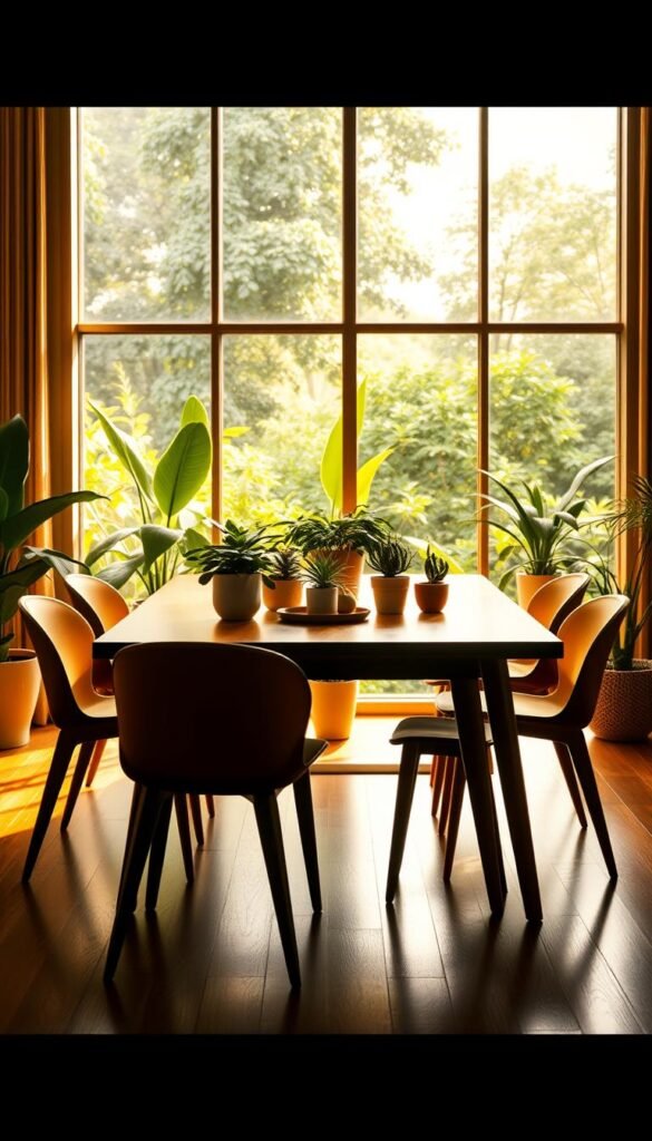 A mid-century modern dining room bathed in warm, golden light. A sleek, rectangular table with tapered legs flanked by streamlined chairs in rich, earthy tones. Potted plants of varying sizes and textures, their lush foliage casting soft shadows across the polished wood surface. Floor-to-ceiling windows offer a glimpse of a lush, verdant garden outside, blurring the line between indoor and outdoor spaces. Gentle curves and clean lines create a harmonious, timeless aesthetic, evoking the sophisticated elegance of the 1950s. A wide-angle lens captures the layered depth and airy ambiance of this inviting, plant-filled dining sanctuary. A mid-century modern dining room bathed in warm, golden light. A sleek, rectangular table with tapered legs flanked by streamlined chairs in rich, earthy tones. Potted plants of varying sizes and textures, their lush foliage casting soft shadows across the polished wood surface. Floor-to-ceiling windows offer a glimpse of a lush, verdant garden outside, blurring the line between indoor and outdoor spaces. Gentle curves and clean lines create a harmonious, timeless aesthetic, evoking the sophisticated elegance of the 1950s. A wide-angle lens captures the layered depth and airy ambiance of this inviting, plant-filled dining sanctuary.